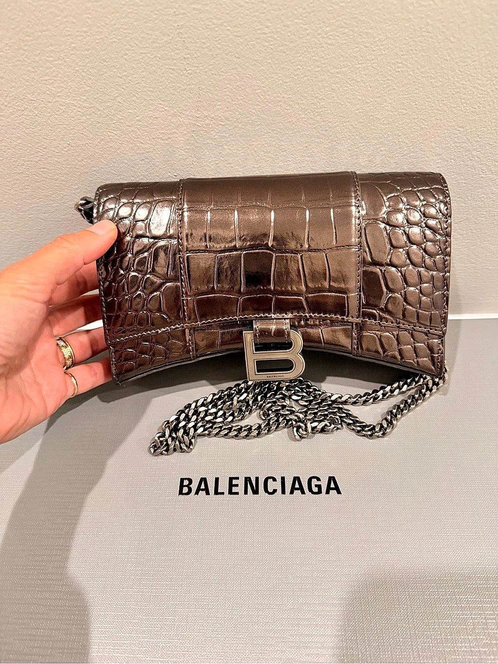 Balenciaga Hourglass Wallet On Chain Crocodile-Embossed bronze/ gunmetal color.